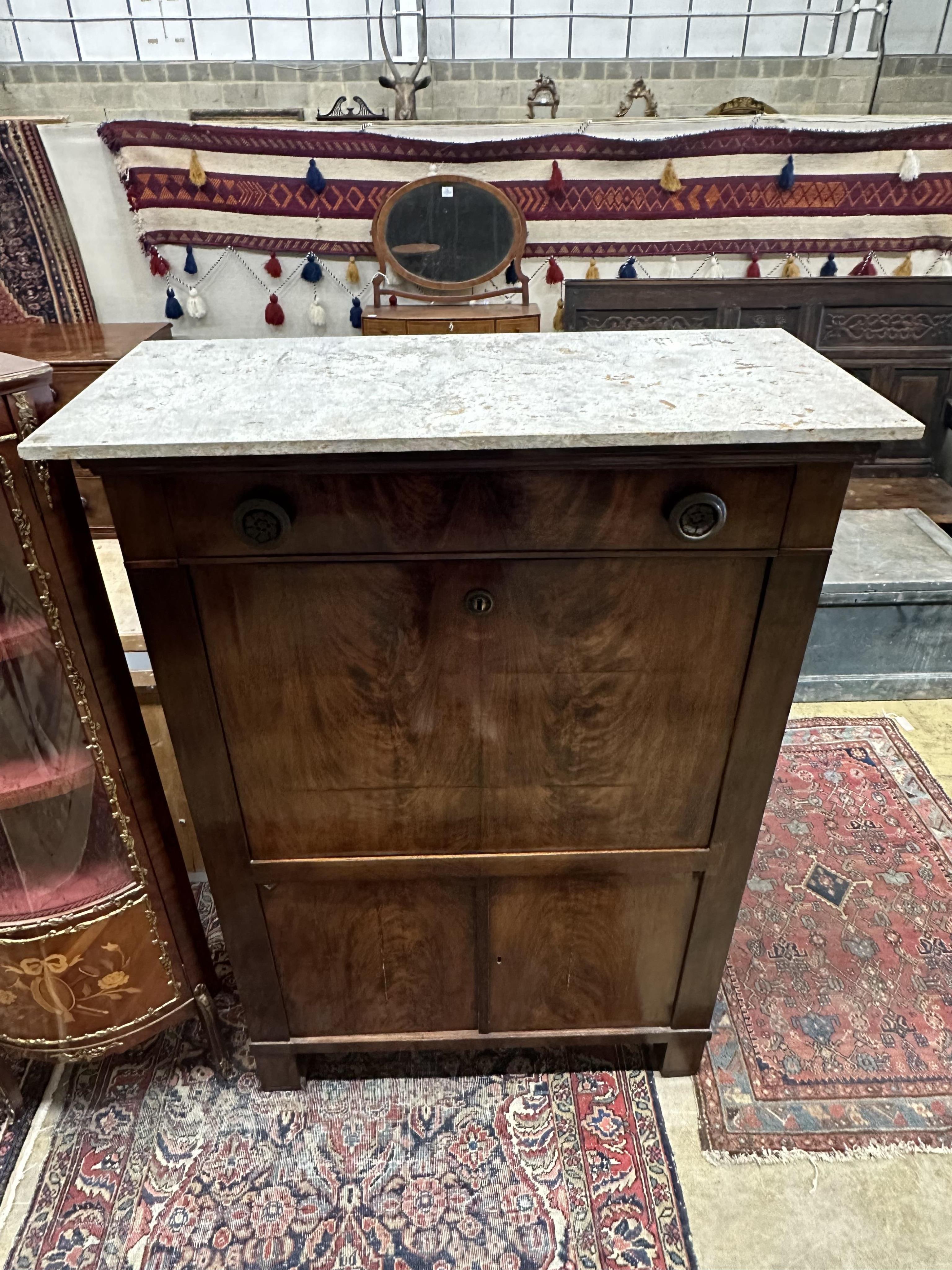 A 19th century French marble topped mahogany secretaire à abbatant, width 108cm, depth 50cm, height 152cm. Condition - fair